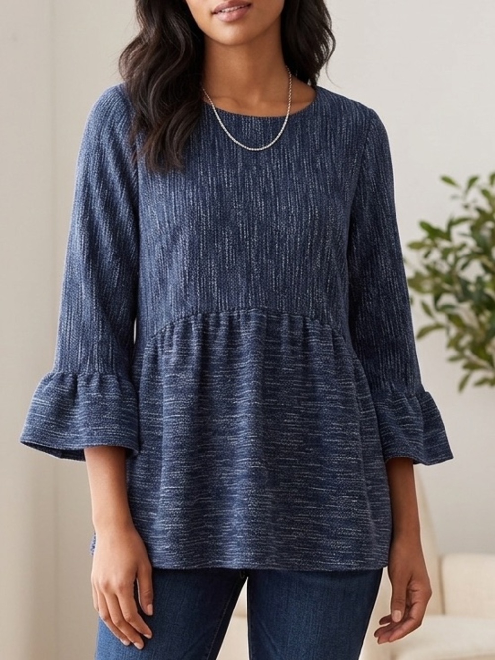 Entro Ribbed Blue Statement Sleeve Top | Women’s Small